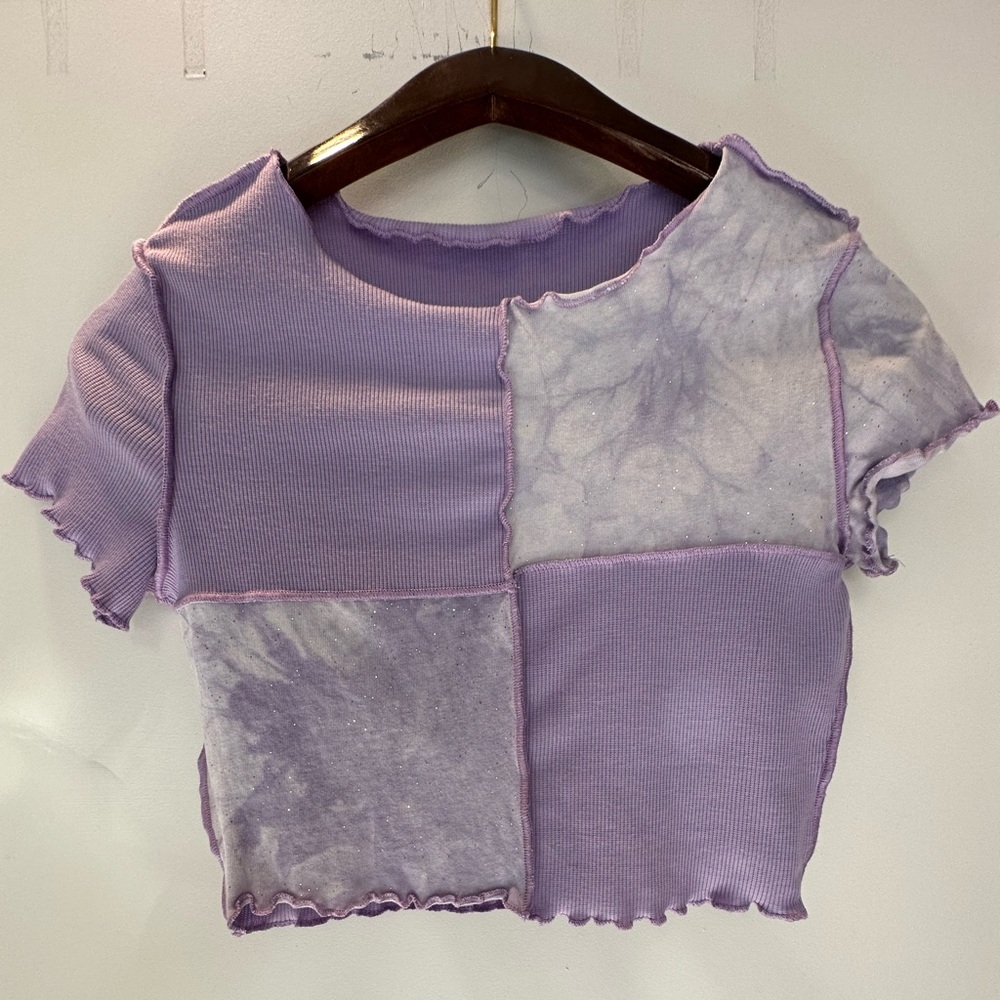 Purple patchwork lettuce trim y2k baby tee top